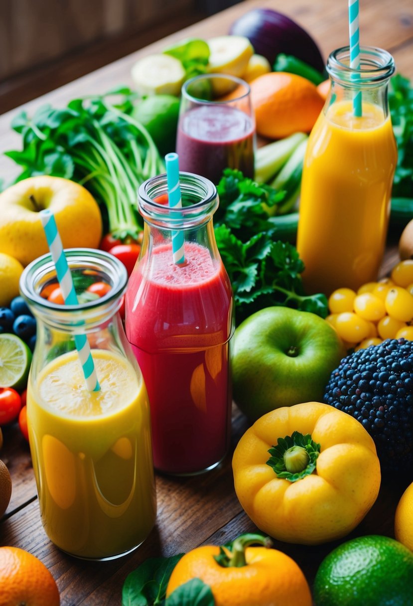 A colorful array of fresh fruits and vegetables, alongside bottles of juice and smoothies, on a wooden table