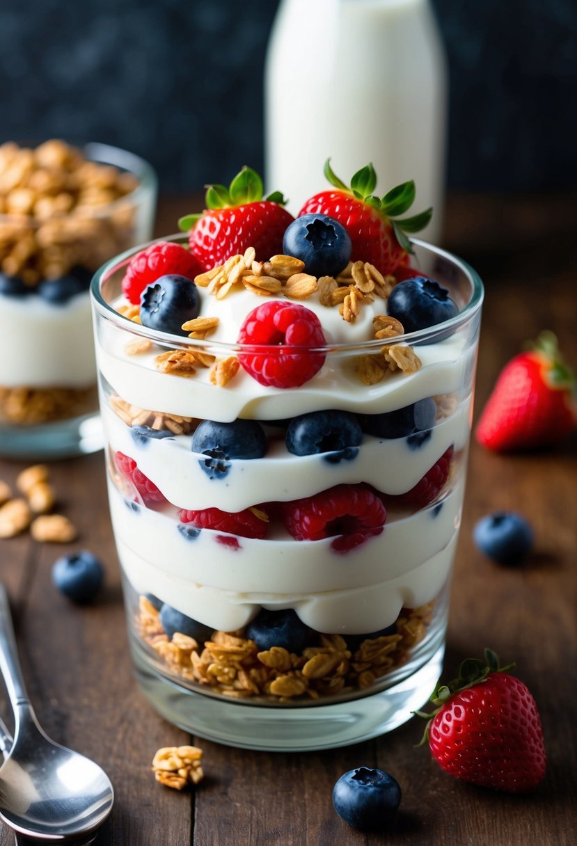 A glass parfait dish filled with layers of Greek yogurt, fresh berries, and granola, showcasing a healthy and delicious low-fat, high-protein recipe