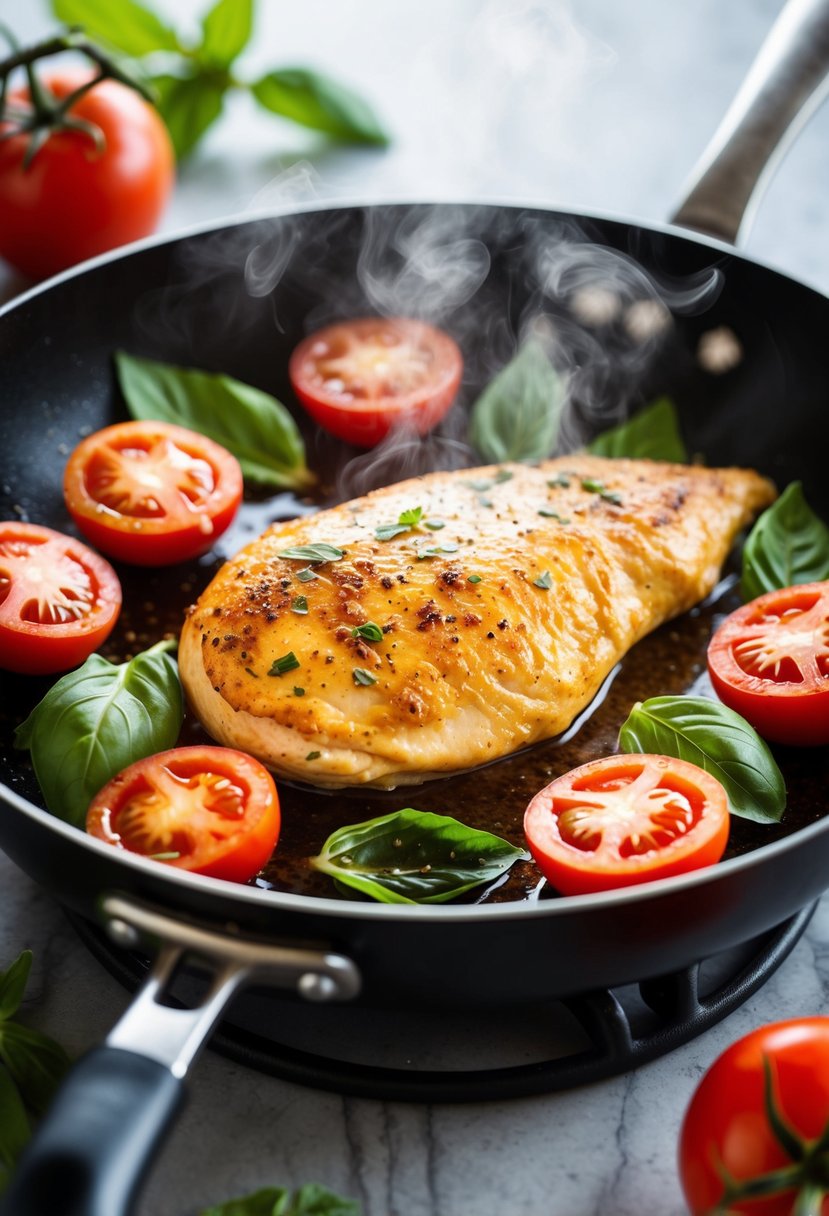 A sizzling chicken breast in a hot pan, surrounded by fresh tomatoes and basil leaves, steam rising from the savory sauce