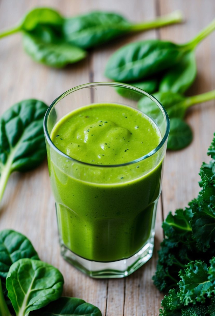 A glass filled with a vibrant green smoothie surrounded by fresh spinach and kale leaves