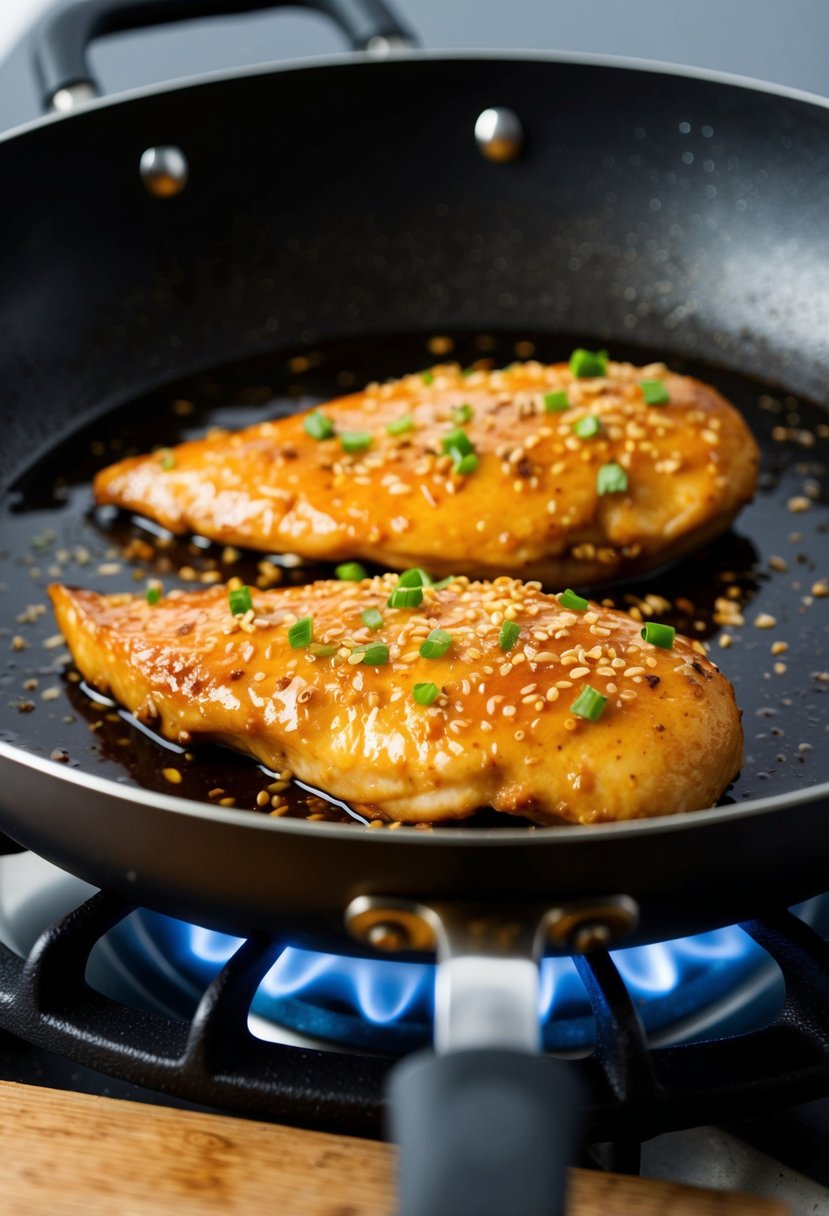 A sizzling chicken breast glazed with ginger soy sauce in a hot pan