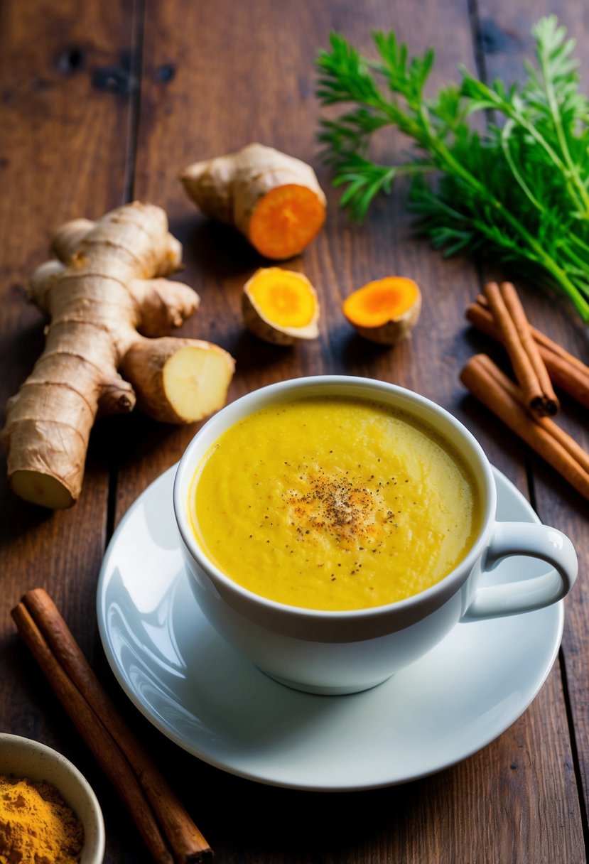 A warm cup of turmeric golden milk surrounded by fresh turmeric root, ginger, cinnamon sticks, and a sprinkle of black pepper on a wooden table