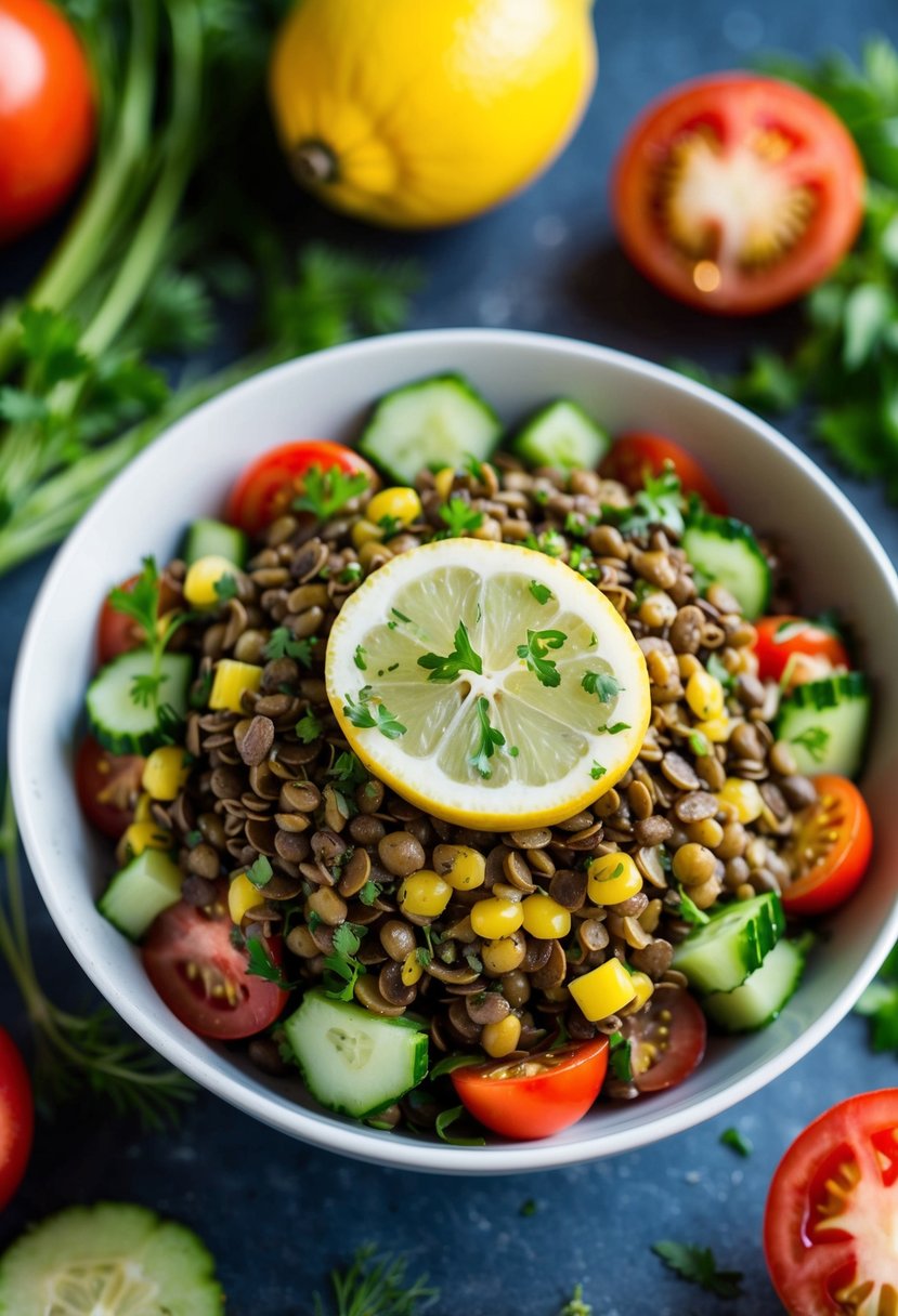 A colorful bowl of lentil salad topped with a zesty lemon dressing, surrounded by fresh ingredients like tomatoes, cucumbers, and herbs