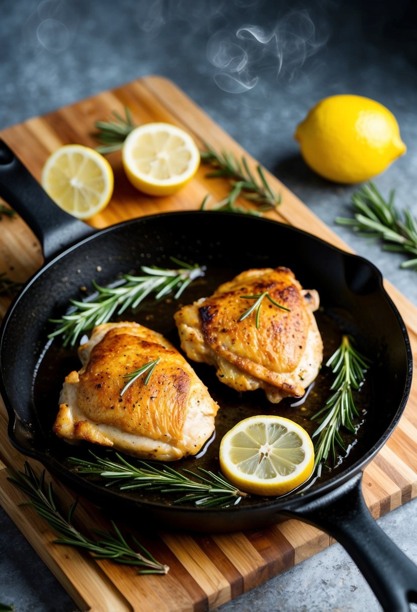 A sizzling skillet with pan-seared chicken, surrounded by rosemary and lemon slices on a wooden cutting board