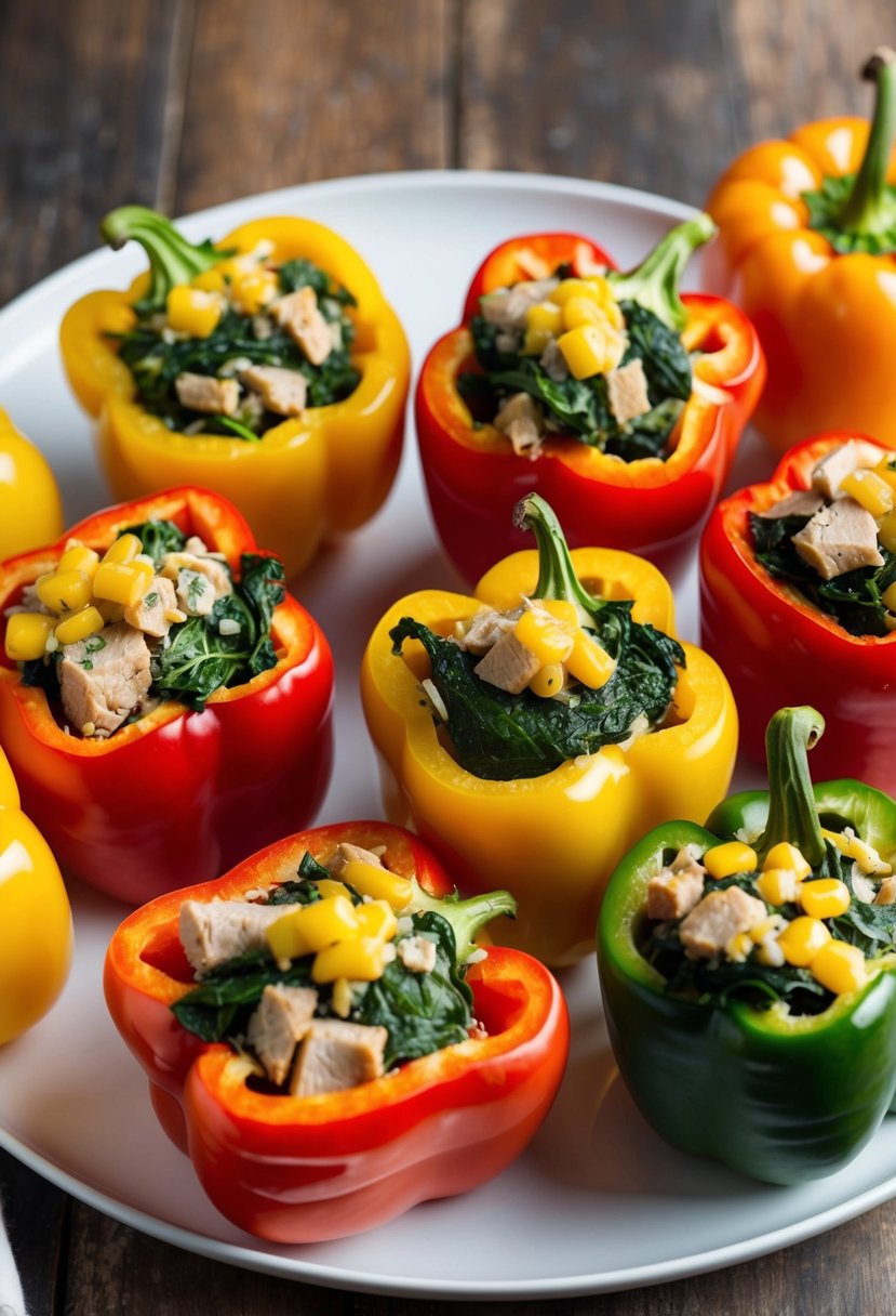 A colorful array of bell peppers filled with a mixture of turkey and spinach, arranged on a white plate