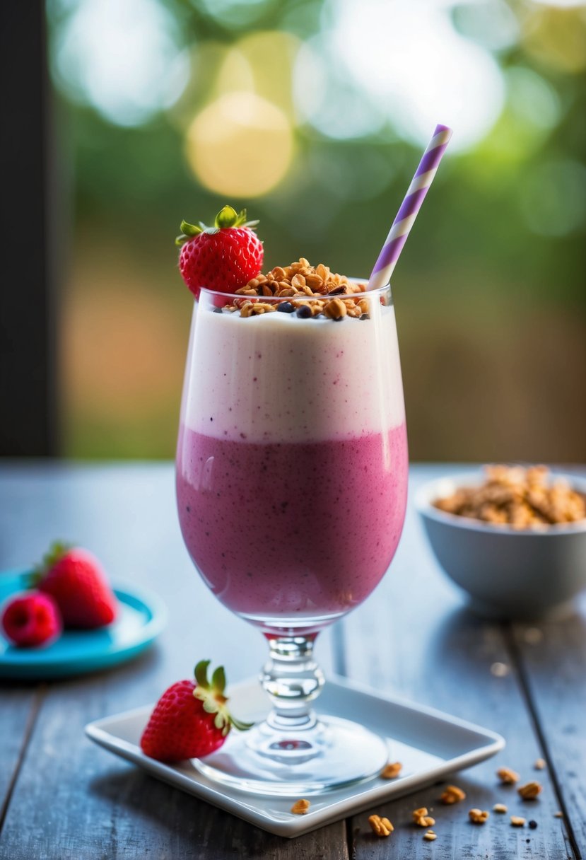 A glass filled with a vibrant berry and yogurt smoothie, topped with a sprinkle of granola and a few fresh berries for garnish