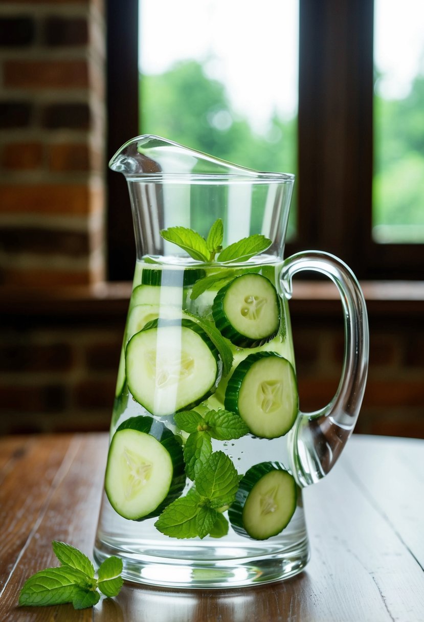 A glass pitcher filled with cucumber slices, mint leaves, and water on a wooden table