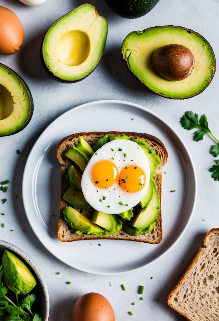 A plate with avocado toast topped with egg white, surrounded by ingredients like avocado, eggs, and whole grain bread