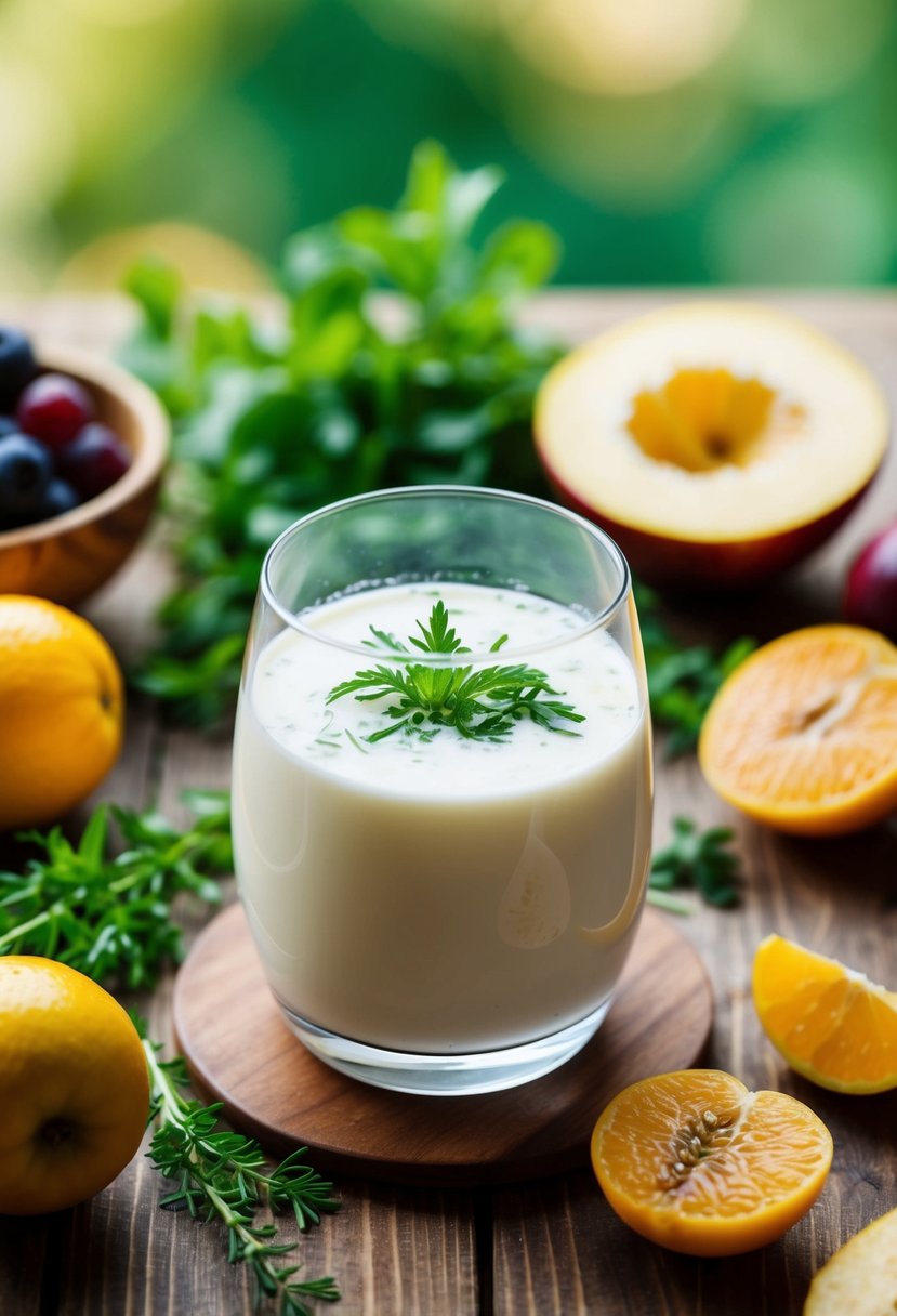 A glass of kefir probiotic drink surrounded by fresh fruits and herbs on a wooden table