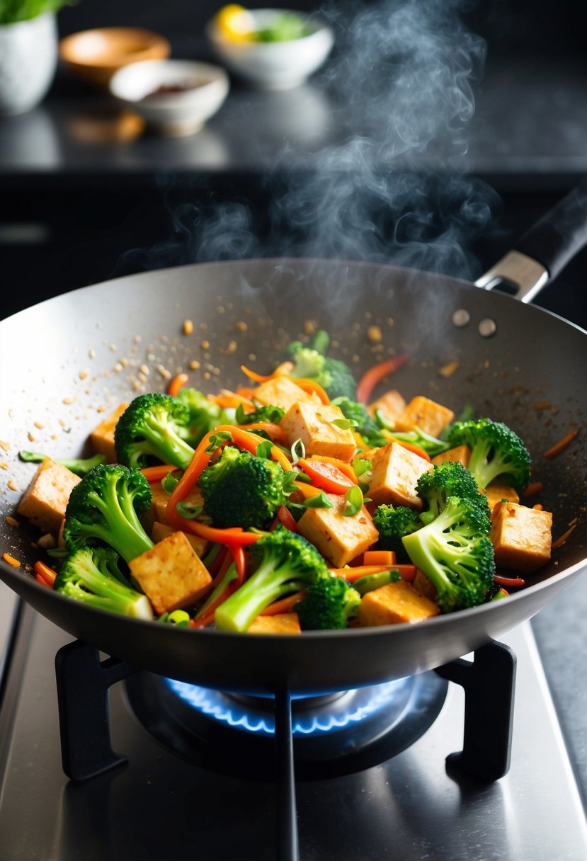 A sizzling wok filled with colorful tofu stir-fry and vibrant broccoli, emitting delicious aromas