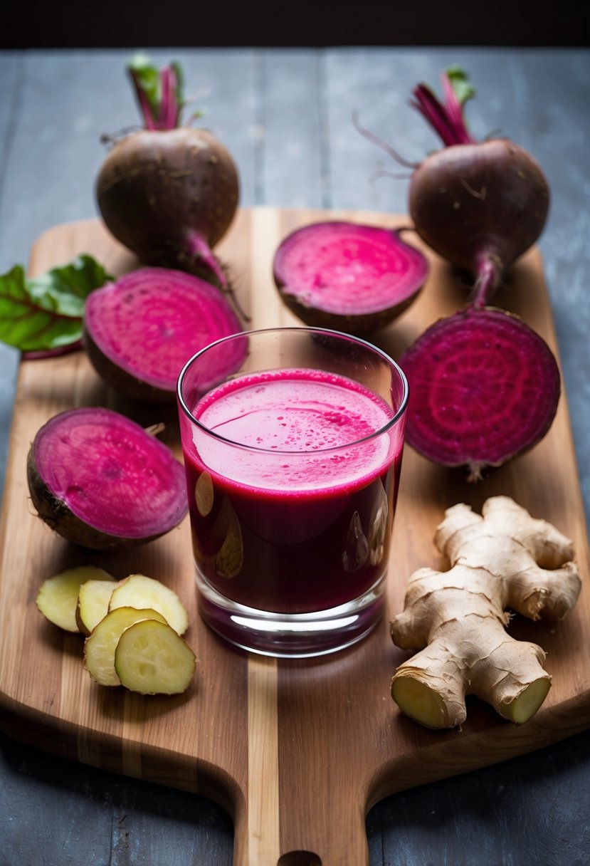 A glass of vibrant beetroot and ginger juice surrounded by fresh beetroots and ginger roots on a wooden cutting board