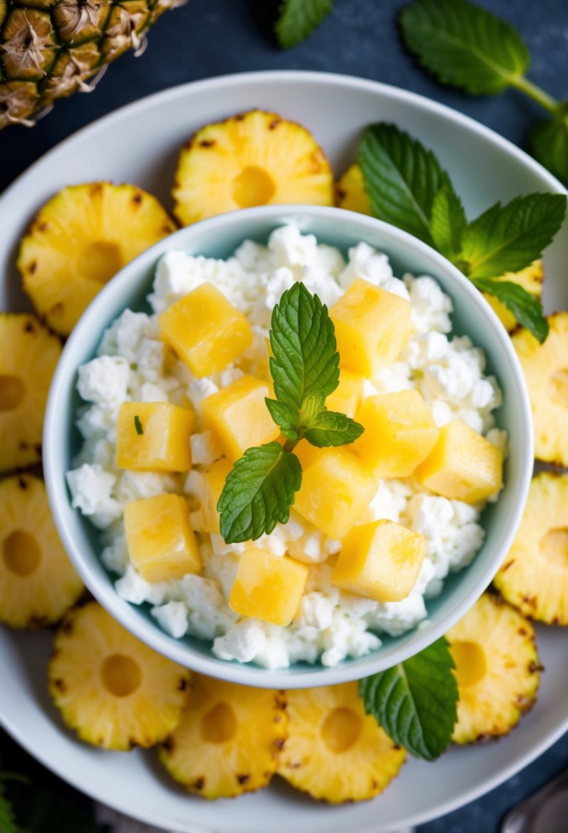 A bowl of cottage cheese topped with cubes of fresh pineapple, surrounded by a scattering of whole pineapple slices and a sprig of mint