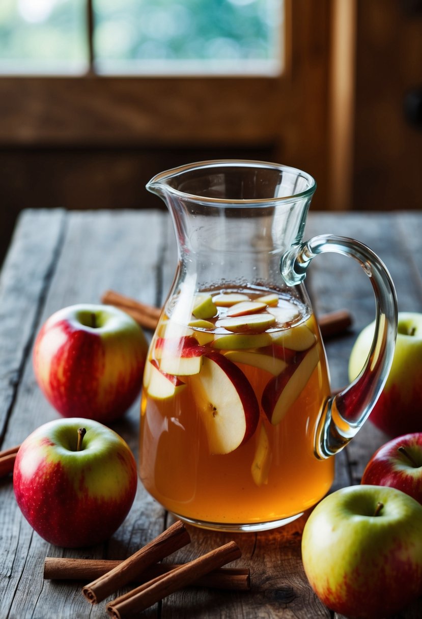 A glass pitcher filled with apple cider vinegar tonic surrounded by fresh apples and cinnamon sticks on a rustic wooden table