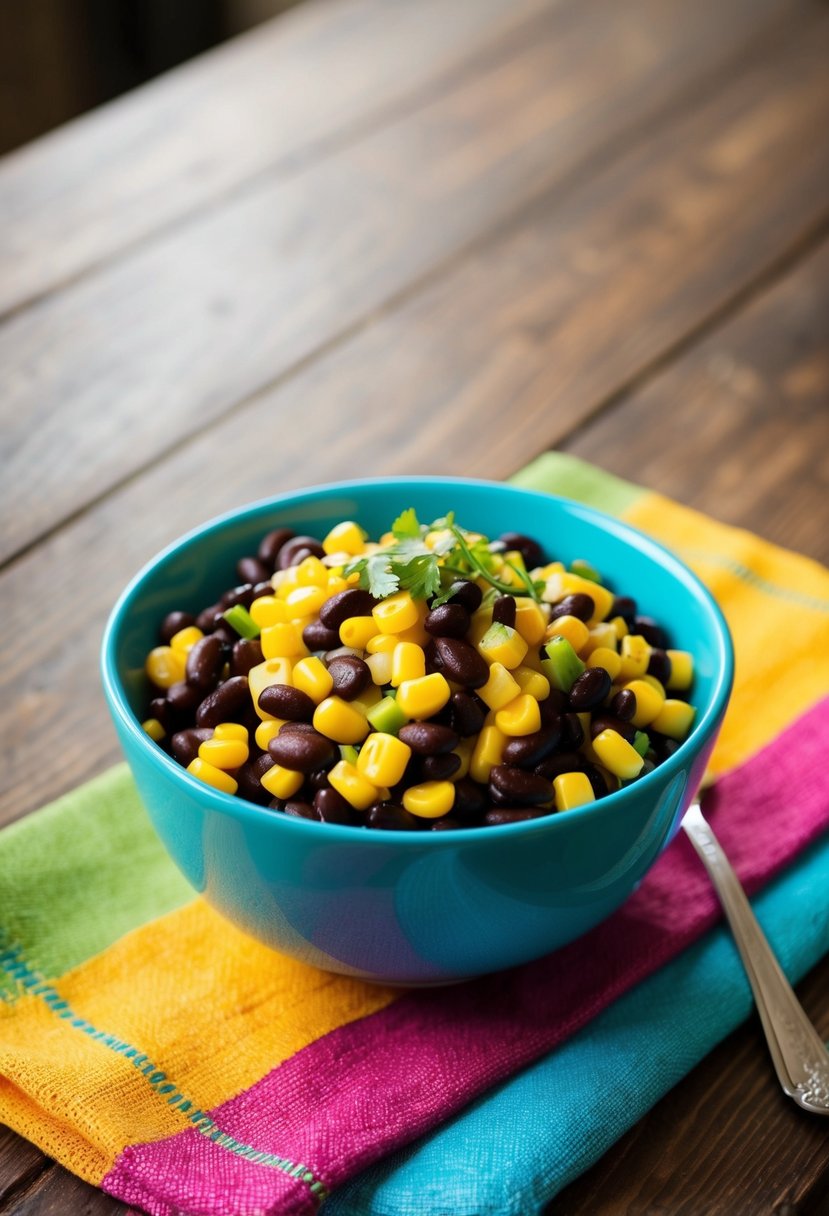 A colorful bowl of black bean and corn salad, with vibrant vegetables and a light dressing, sits on a wooden table