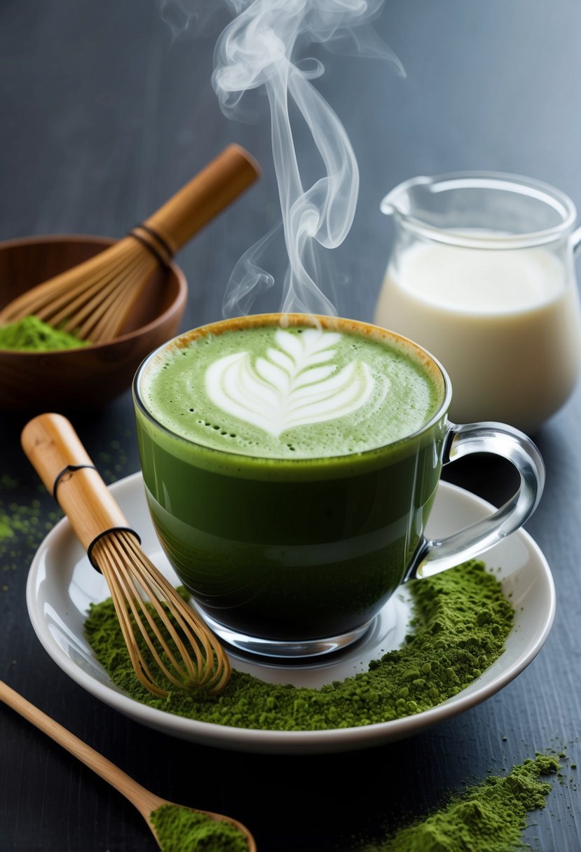 A steaming cup of matcha green tea latte surrounded by fresh matcha powder, a bamboo whisk, and a small jug of milk