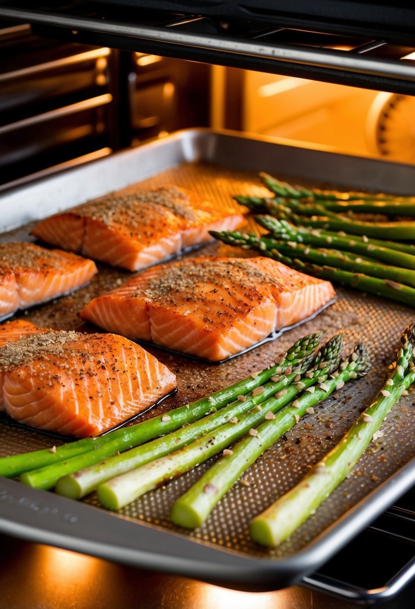 A baking sheet with seasoned salmon fillets and asparagus spears ready to be placed in the oven