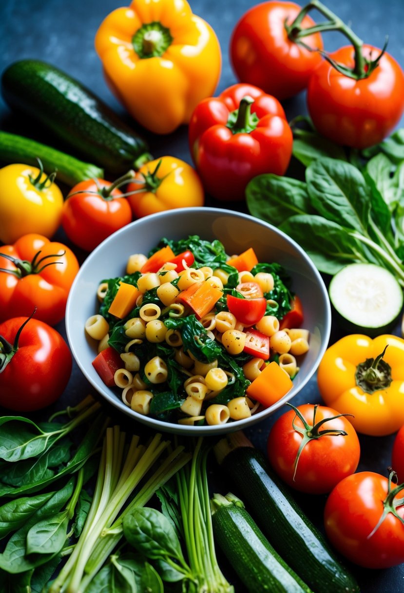 A colorful array of fresh vegetables, including tomatoes, bell peppers, zucchini, and spinach, arranged around a bowl of steaming vegetarian pasta