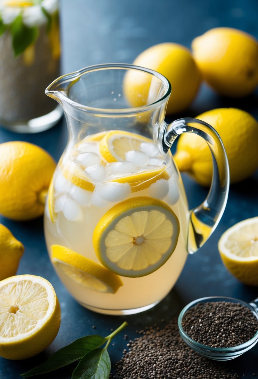 A glass pitcher filled with chia seed lemonade surrounded by fresh lemons and a handful of chia seeds