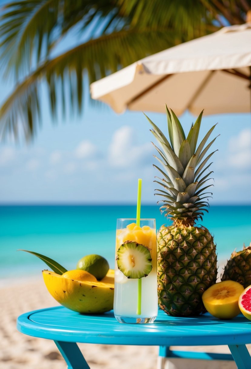 A tropical beach scene with a coconut water and pineapple cooler drink placed on a table with fresh fruits and a beach umbrella in the background