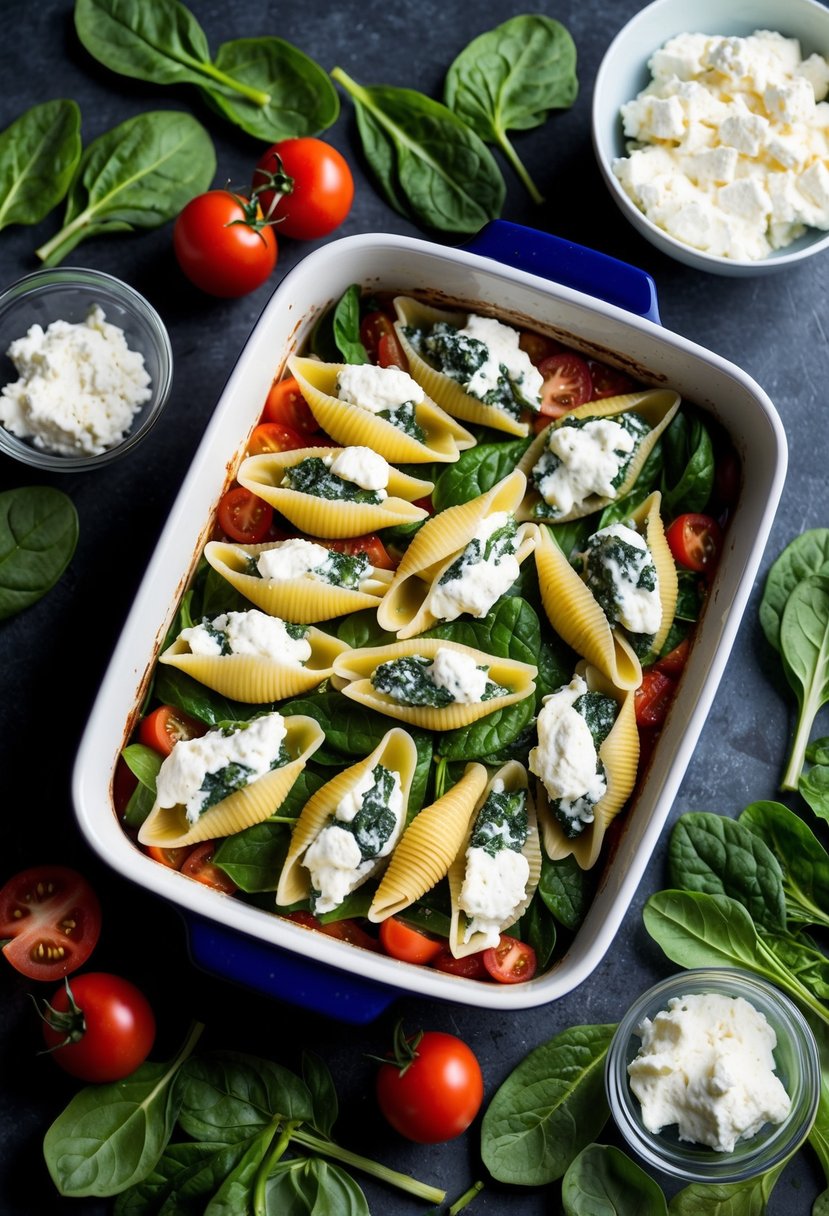 A baking dish filled with spinach and ricotta stuffed pasta shells, surrounded by fresh ingredients like spinach leaves, ricotta cheese, and tomatoes