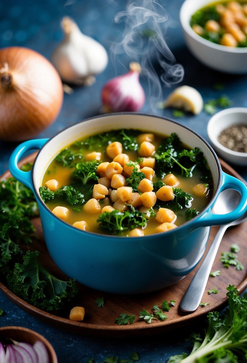 A steaming pot of chickpea and kale soup surrounded by fresh ingredients like onions, garlic, and herbs