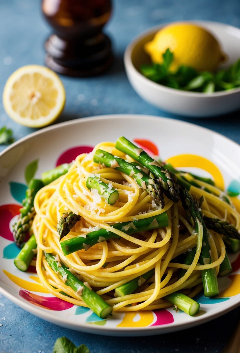 A colorful plate of lemon asparagus pasta with fresh ingredients