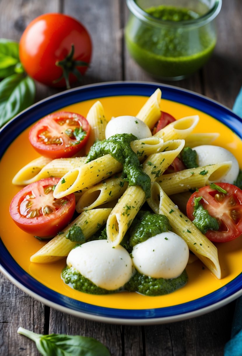 A colorful plate of Caprese Pesto Penne, with fresh tomatoes, mozzarella, basil, and a drizzle of pesto sauce, served on a rustic wooden table