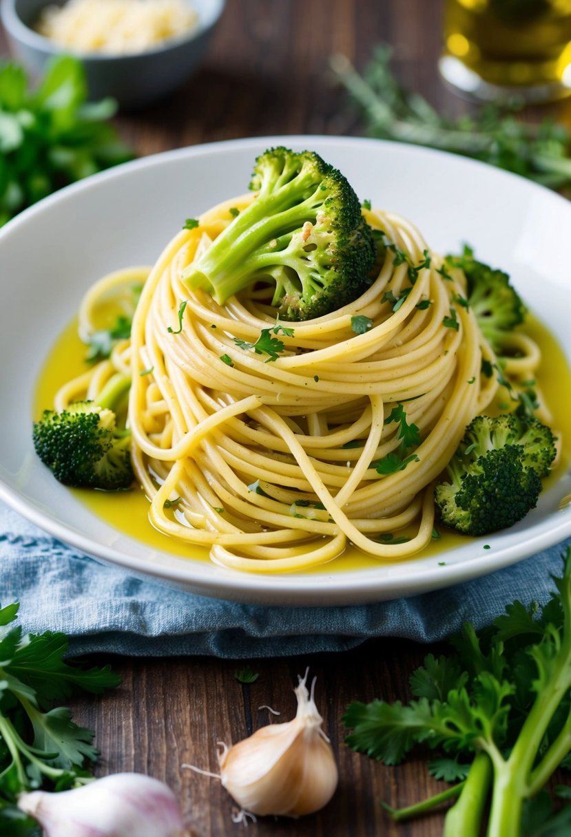 A steaming plate of spaghetti with broccoli, garlic, and olive oil, surrounded by fresh ingredients and herbs