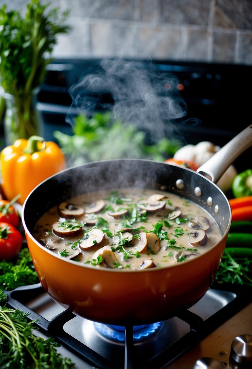 A steaming pot of mushroom stroganoff simmering on the stove, surrounded by fresh herbs and colorful vegetables