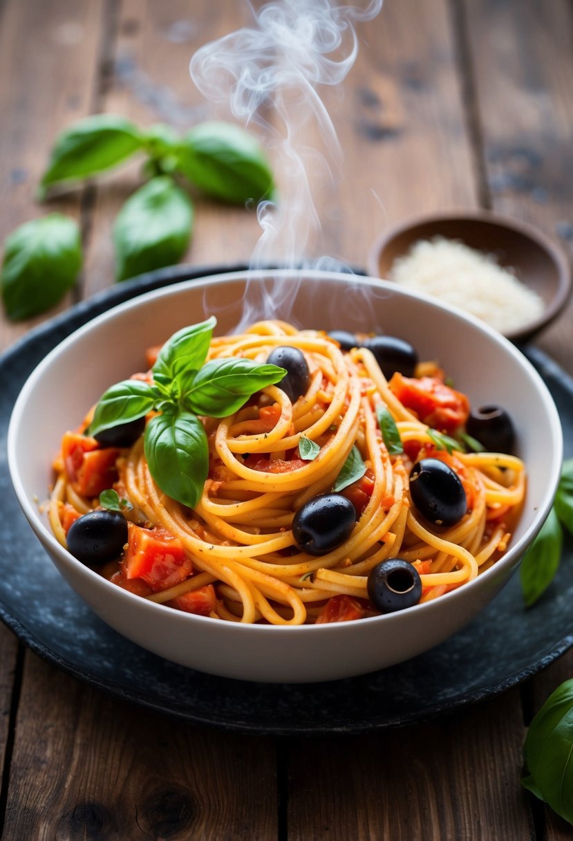 A steaming bowl of tomato basil pasta with olives, garnished with fresh basil leaves, sits on a rustic wooden table