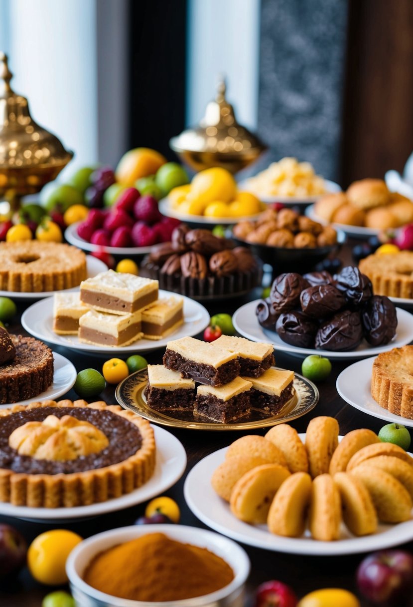 A table filled with various halal desserts, from baklava to date cookies, surrounded by colorful fruits and spices