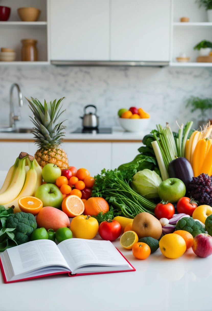 A colorful array of fresh fruits, vegetables, and lean proteins arranged on a clean, white kitchen counter. A cookbook open to a page of healthy recipes sits nearby