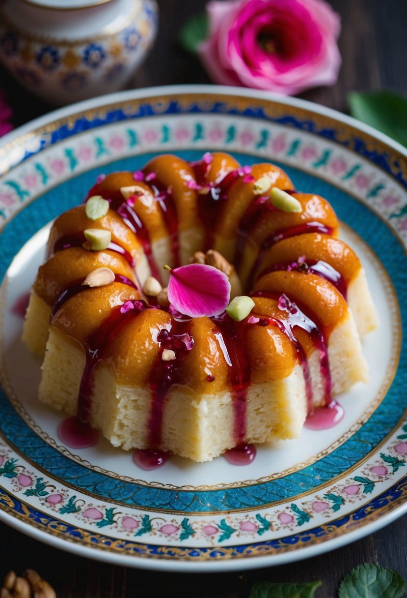 A plate of Basbousa dessert drizzled with rose water, garnished with nuts and served on a decorative platter