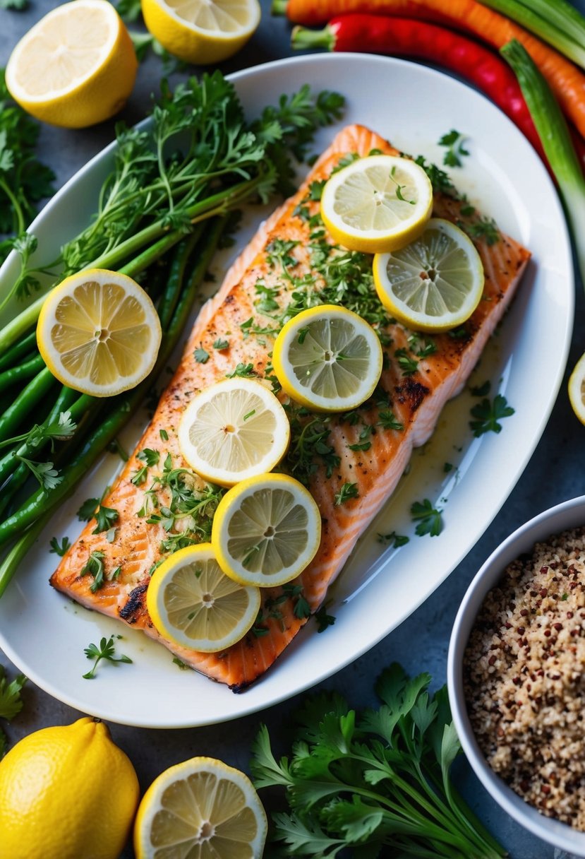 A platter of grilled lemon herb salmon with fresh herbs and sliced lemons, surrounded by colorful vegetables and a side of quinoa