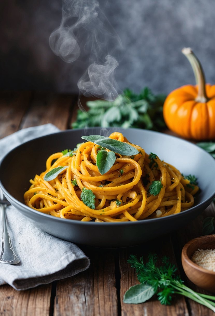 A steaming bowl of pumpkin sage pasta with fresh herbs and vegetables on a rustic wooden table