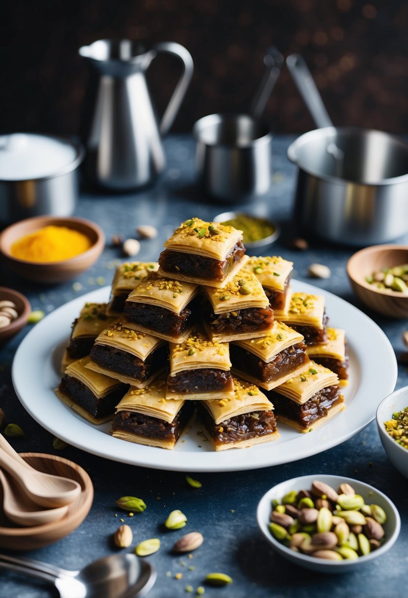 A platter of pistachio baklava surrounded by ingredients and utensils for making halal desserts