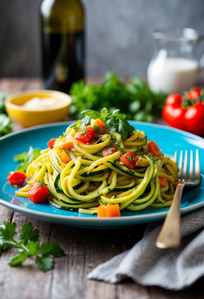 A colorful plate of zucchini noodles primavera with fresh vegetables and herbs