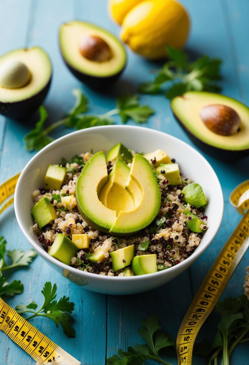 A bowl of avocado quinoa salad surrounded by fresh ingredients and a measuring tape, symbolizing healthy eating and weight loss