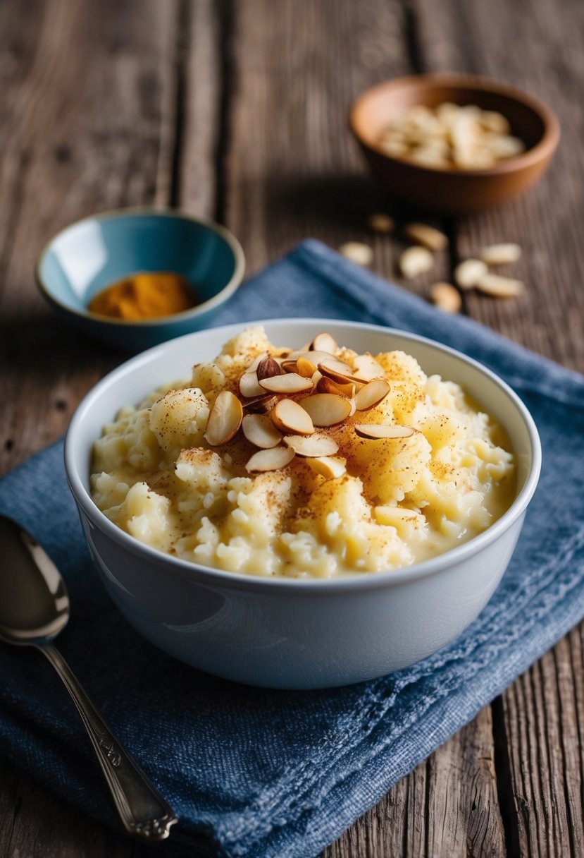 A bowl of creamy saffron-infused rice pudding topped with slivered almonds and a sprinkle of cinnamon, placed on a rustic wooden table