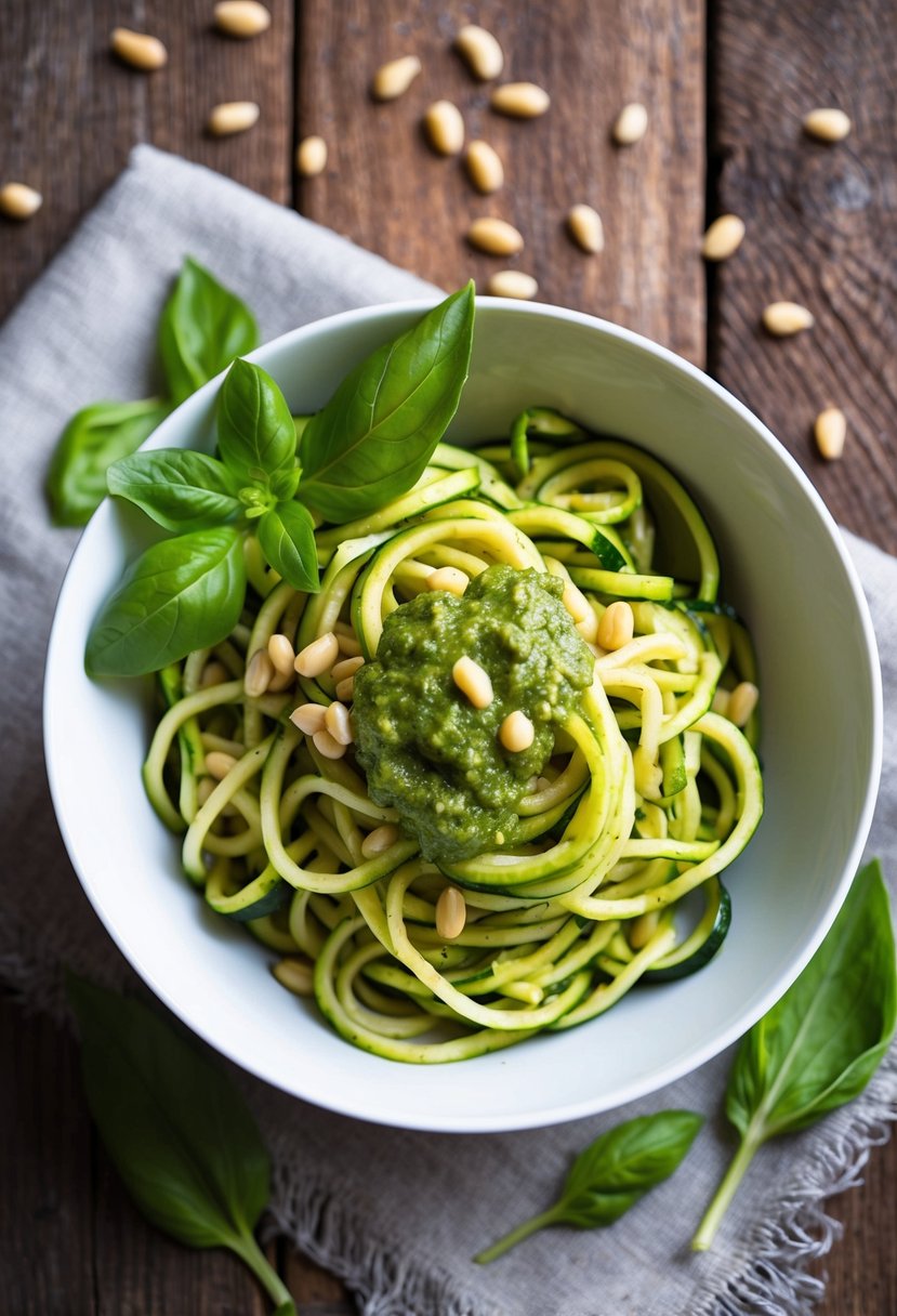 A bowl of zucchini noodles topped with pesto sauce, surrounded by fresh basil leaves and pine nuts, on a rustic wooden table