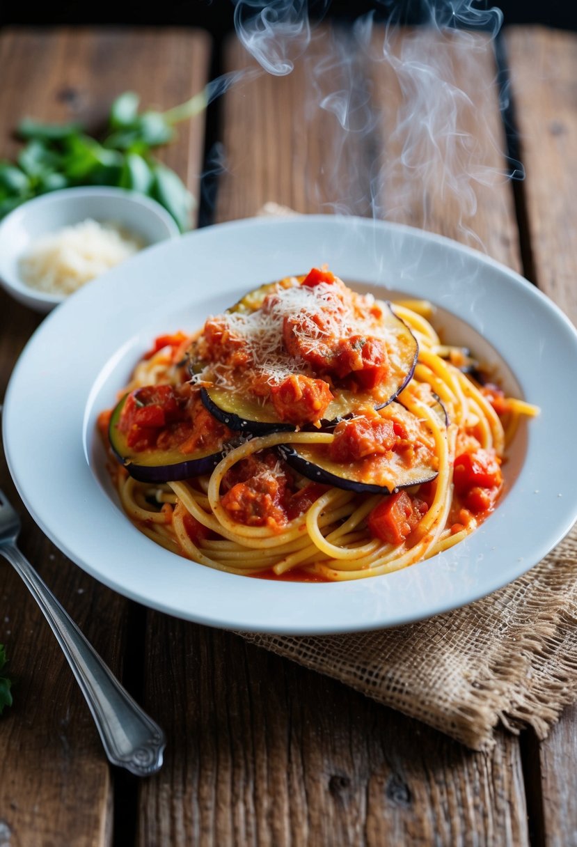 A steaming plate of eggplant parmesan pasta with vibrant tomato sauce and freshly grated cheese on a rustic wooden table