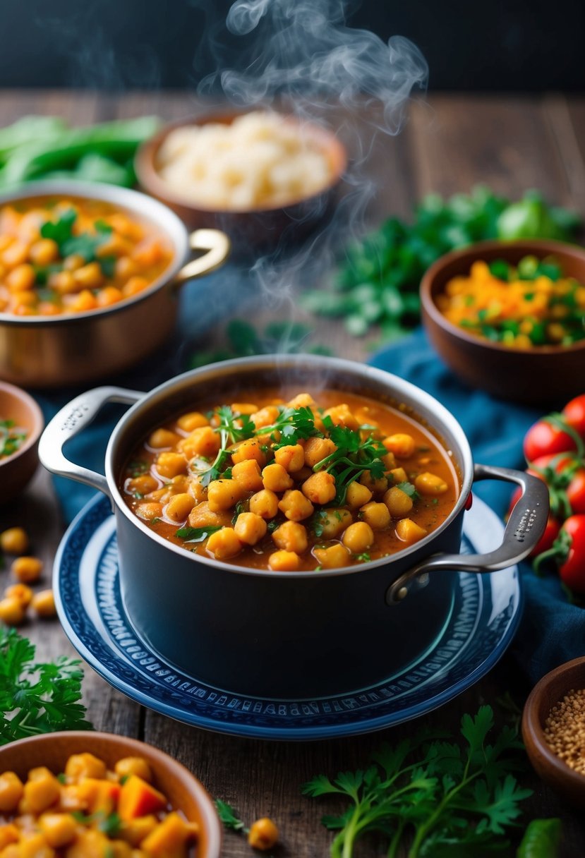 A steaming pot of spicy chickpea stew surrounded by vibrant vegetables and herbs, evoking a sense of warmth and nourishment