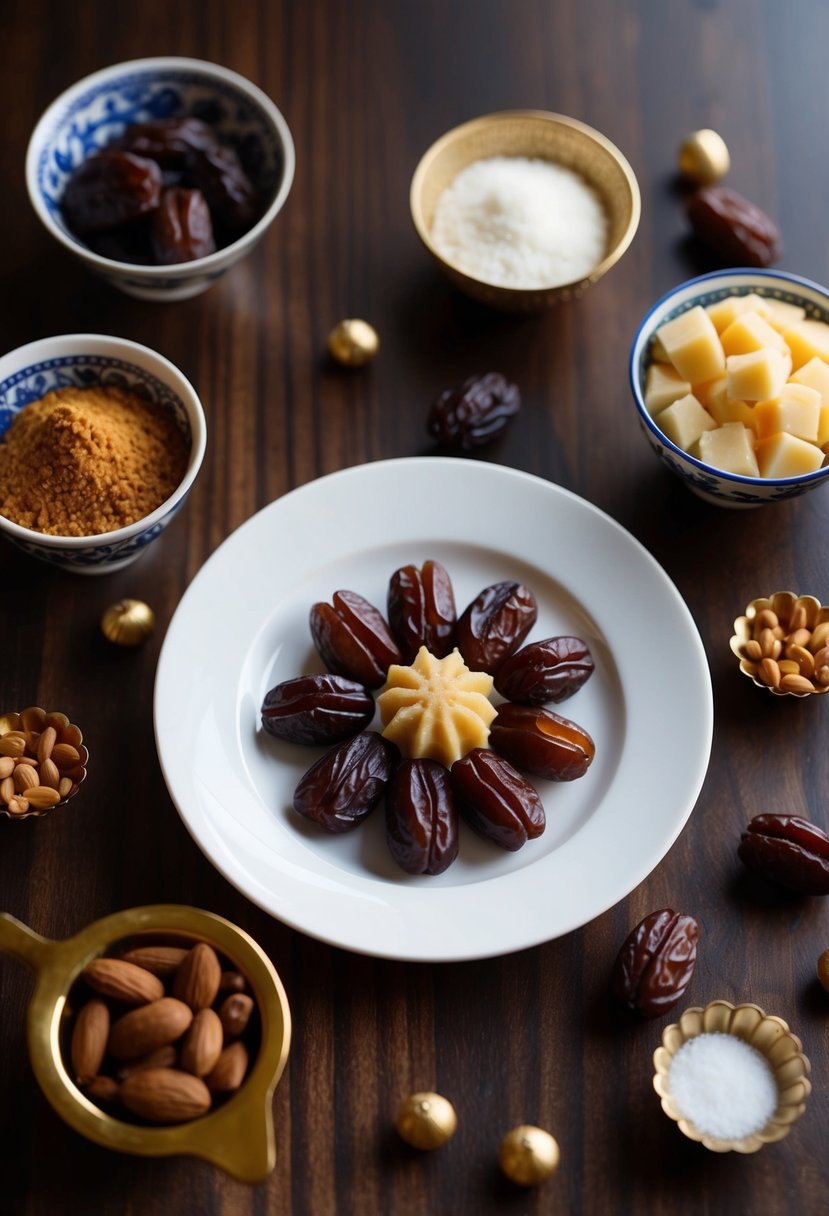 A plate of date-filled maamoul surrounded by traditional Middle Eastern dessert ingredients