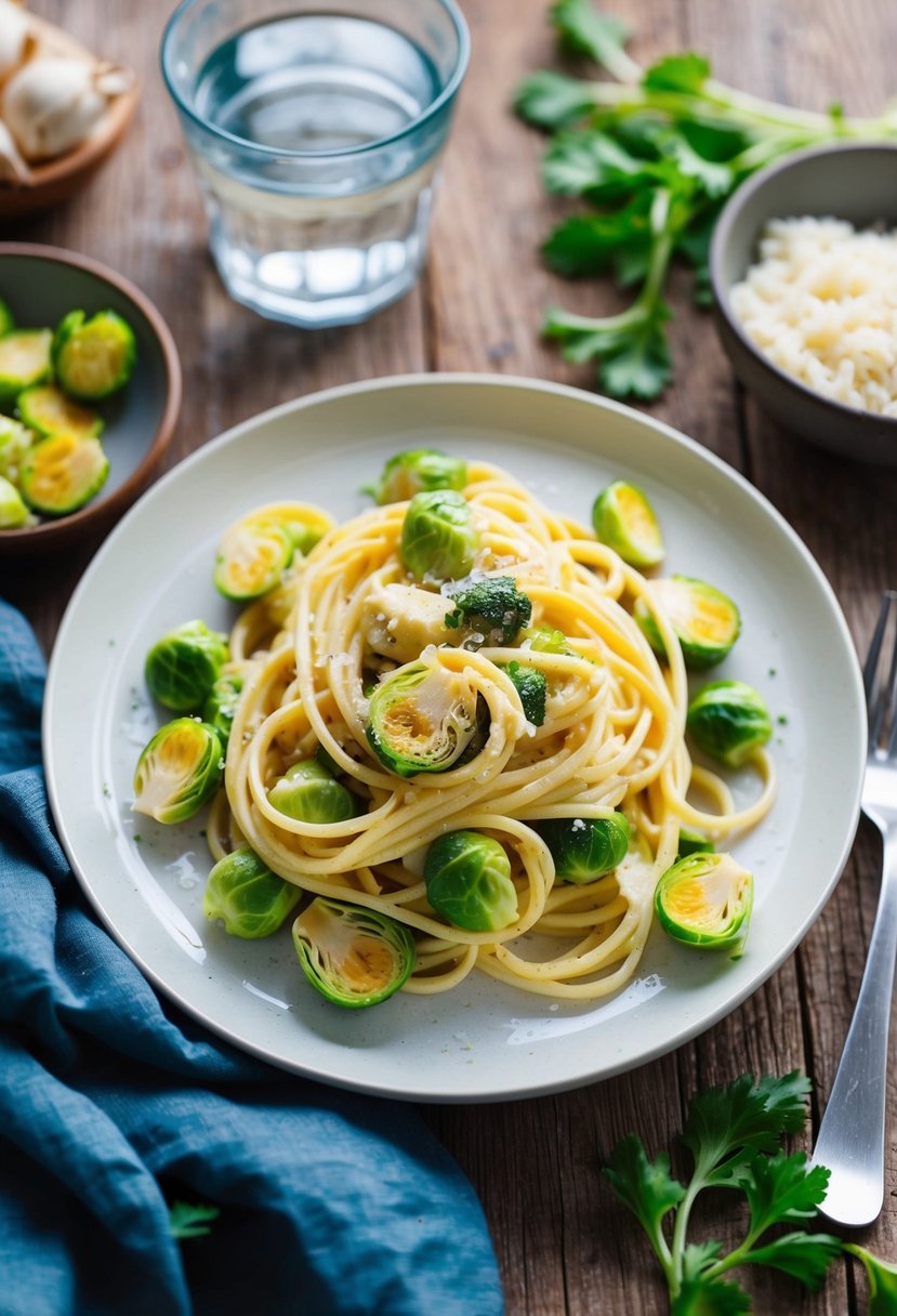 A steaming plate of vegetarian Brussels sprout Alfredo pasta on a rustic wooden table, surrounded by fresh ingredients and a glass of water