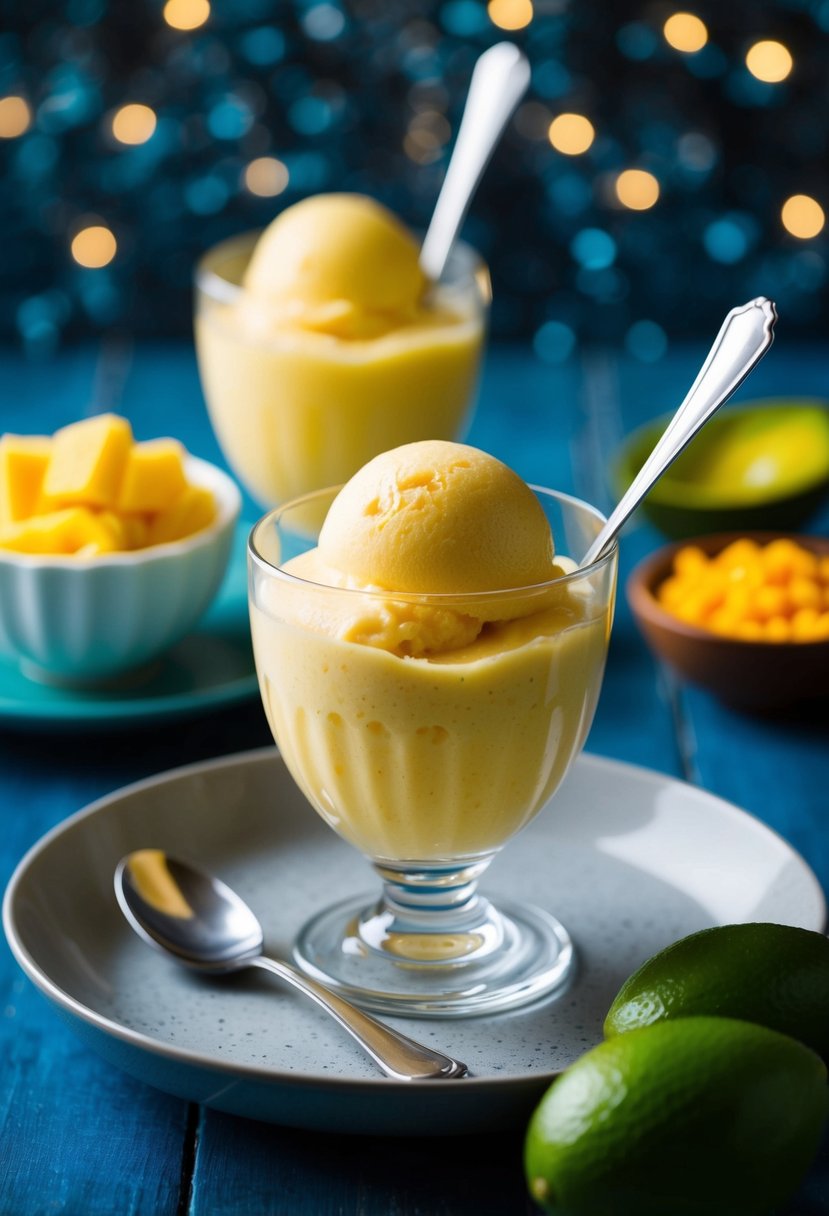 A refreshing mango lassi sorbet being served in a halal dessert setting