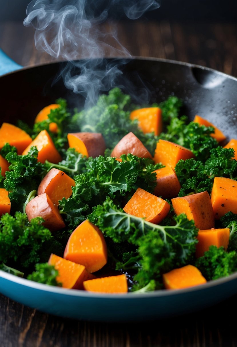 A colorful medley of kale and sweet potatoes sizzling in a skillet, emitting a mouthwatering aroma of healthy, nutritious ingredients