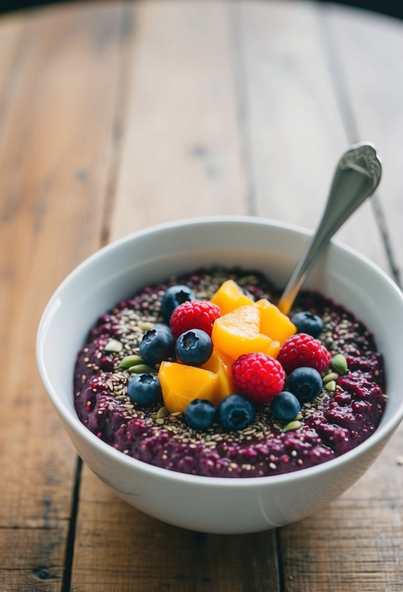 A bowl of berry chia seed pudding topped with fresh fruit and seeds on a wooden table