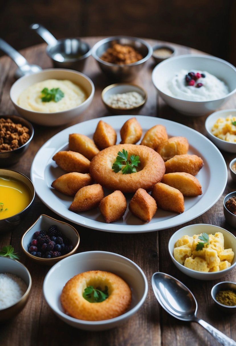 A table set with freshly fried Turkish Lokma surrounded by various halal dessert ingredients and utensils