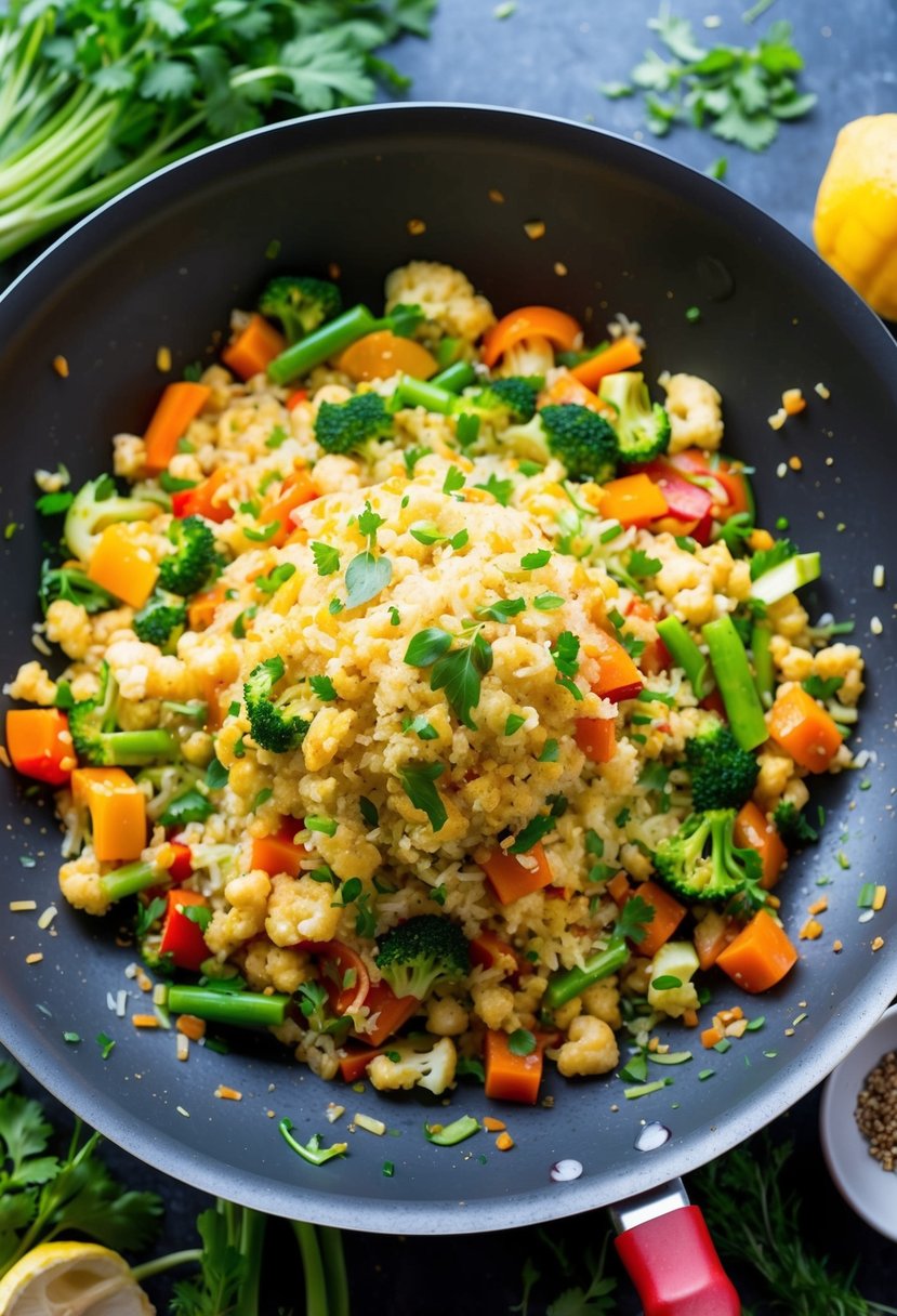 A colorful stir-fry sizzling in a wok, filled with cauliflower rice, vibrant vegetables, and lean protein, surrounded by fresh herbs and spices