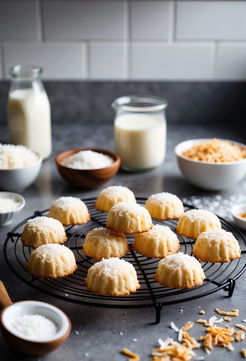 A kitchen counter with freshly baked coconut macaroons on a cooling rack, surrounded by ingredients such as shredded coconut and condensed milk